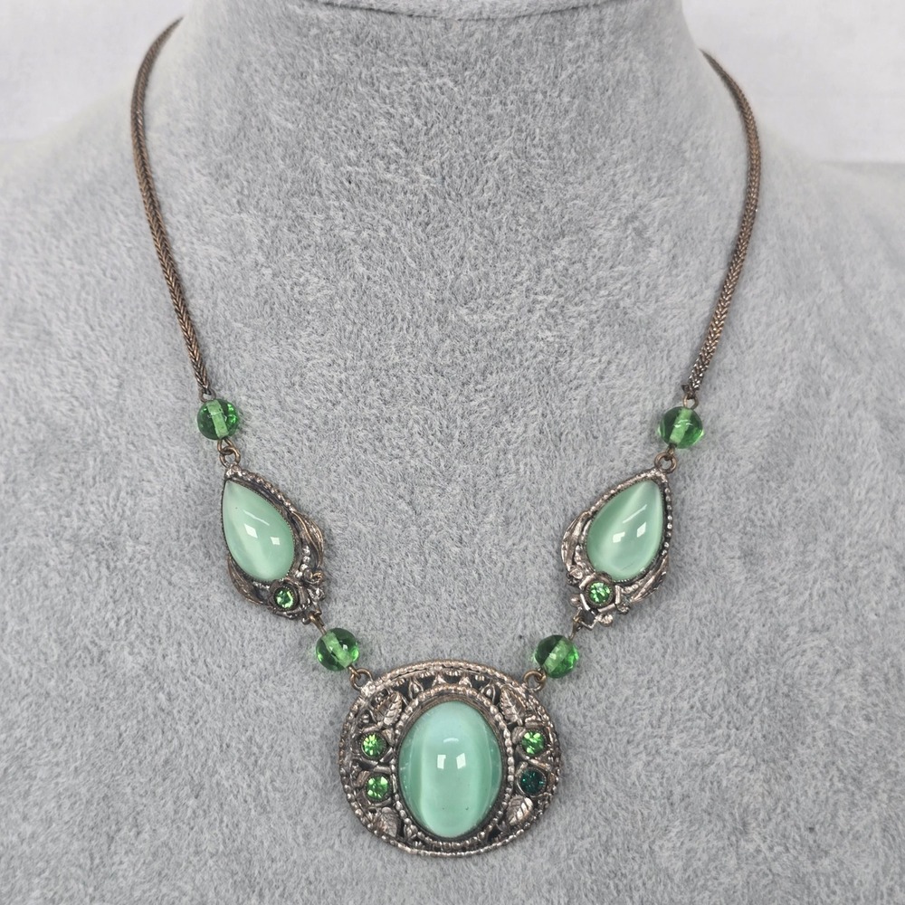 Czech Neiger Brothers? Green Marble UV Glow Glass & Rhinestone Crystal Necklace